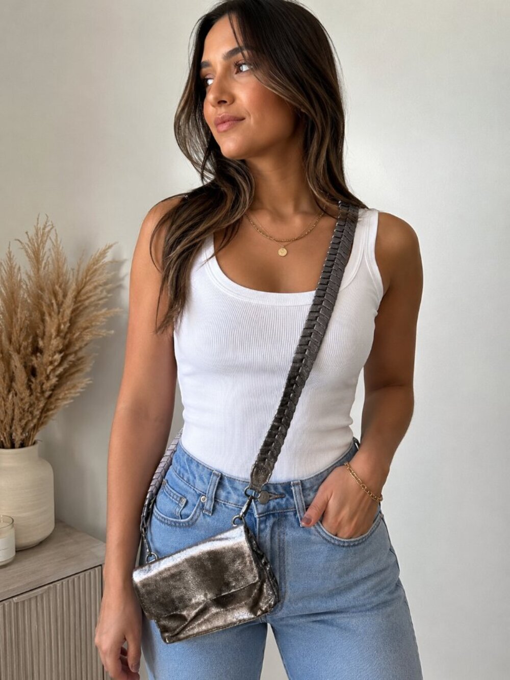 Anthropologie Metallic Taupe Envelope Crossbody Bag Braided Strap